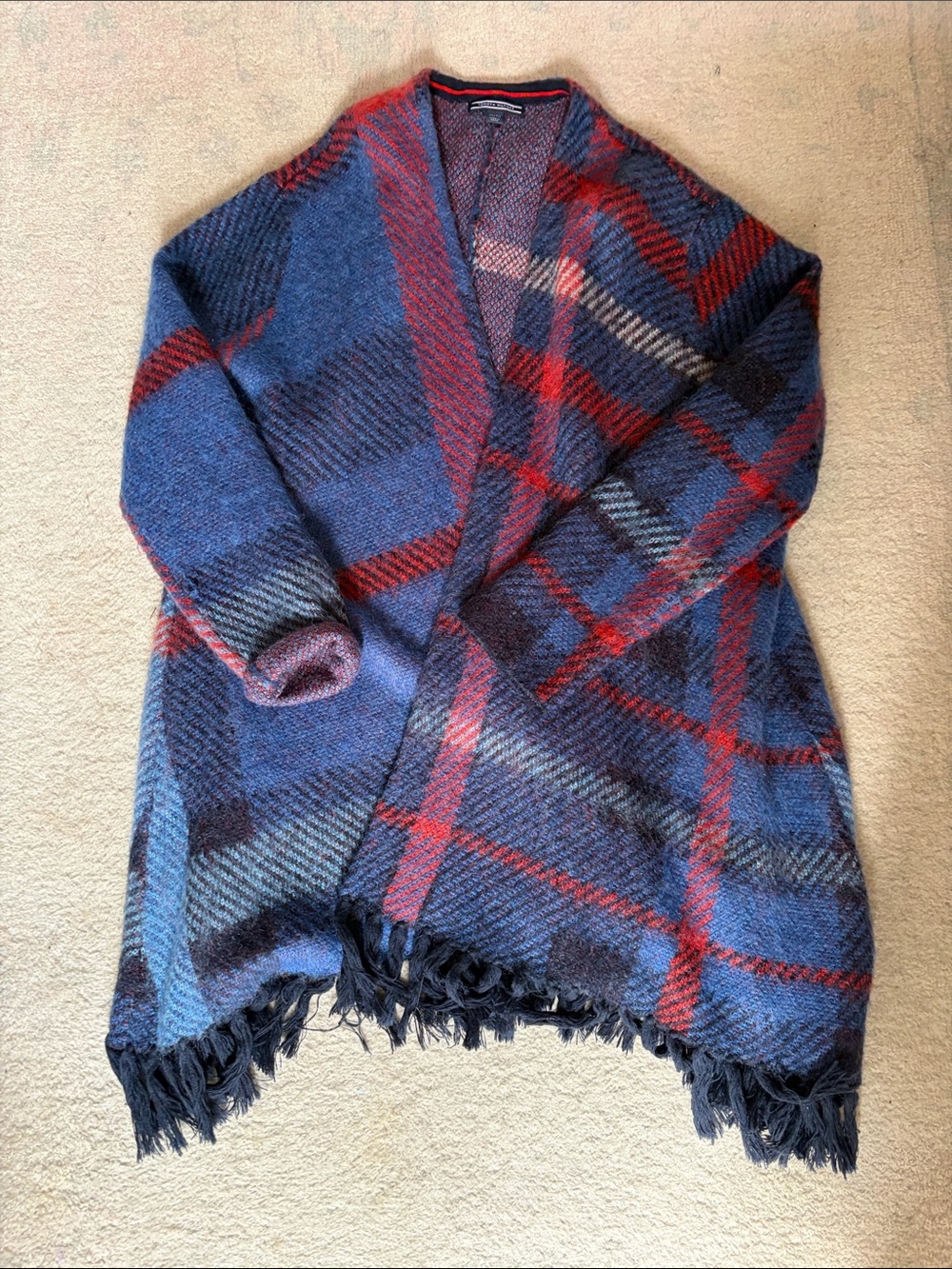 Tommy Hilfiger Plaid Fringe Open Cardigan Sweater - Blue & Red